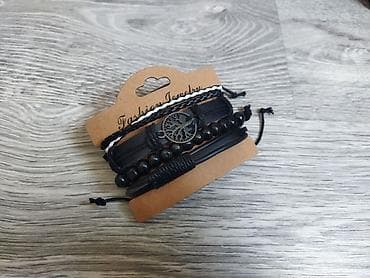 Dəri və muncuqdan çoxqatlı qolbaq seti - Üslub: boho/urban tərzi - — 2