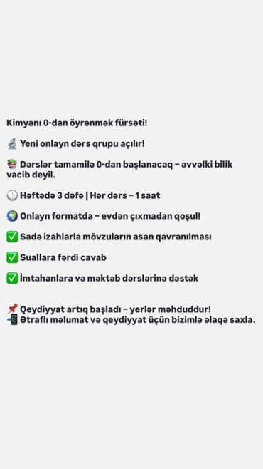 Kimyanı 0-dan öyrənmək üçün onlayn dərs proqramı - Yeni onlayn qrup