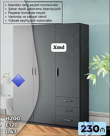 Yeni, 3 qapılı, Siyirməli, Boz, Digər material, Açılan, Düz dolab