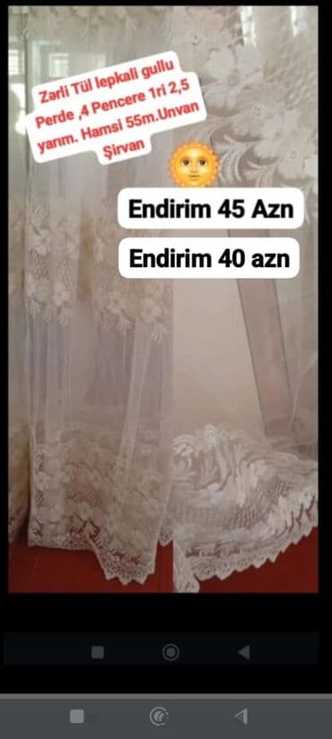 ekran ucun sekiller: Məhsul: Zərlı tül, ləpəkəli, güllü pərdə dəsti - 4 pəncərə üçün - Hər — 1