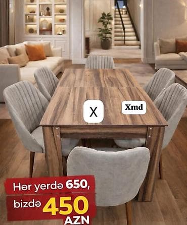 stul ofis: Yemək otağı üçün dəst – 1 masa + 6 kreslo - Masa: taxta teksturalı — 1