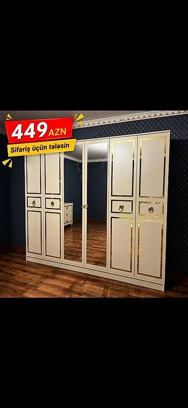kuxna dolabi: 4 qapılı güzgülü paltar dolabı - Klassik dizayn: ağ korpus, qızılı — 1