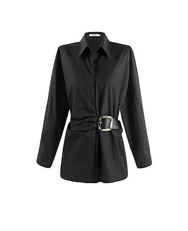 Plaşlar: Qara qadın köynəyi – kəmər detalı ilə - Klassik yaxalıq və gizli — 1