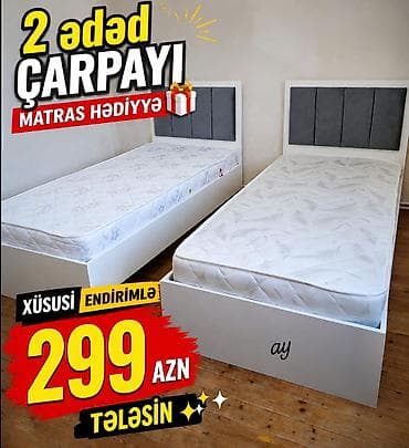 2 ədəd tək nəfərlik çarpayı dəsti. Ağ rəngli korpus, yumşaq boz başlıq