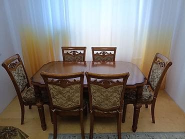 stol: Qonaq otağı üçün, İşlənmiş, Açılan, Dördbucaq masa, 6 stul — 4