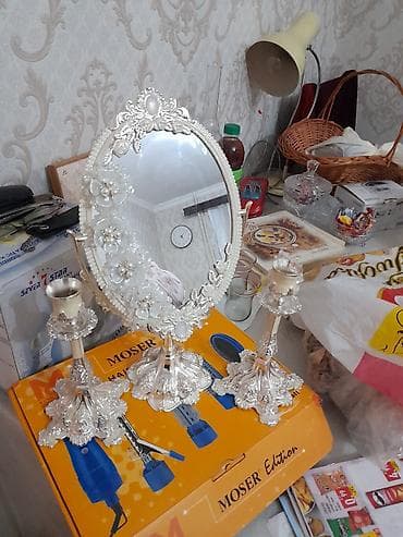 Услуги: Gümüşü rəngdə bəzək dəsti: oval masaüstü güzgü və 2 şamdan - Klassik — 3