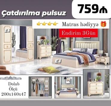 Yataq otağı dəsti – klassik-bej rəng palitrası, qızılı konturlu dekor