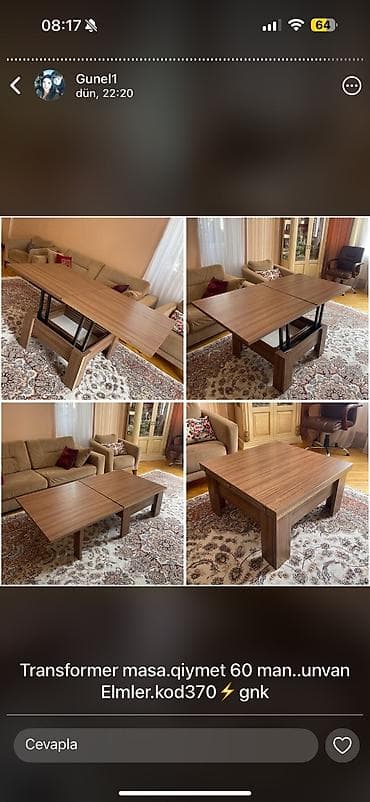 Qonaq masası, İşlənmiş, Transformer, Dördbucaq masa