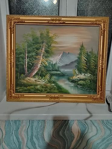 Digər ev dekoru: Yağlı boya tablo – dağ mənzərəsi - Mövzu: Sakit çay kənarı, meşə və — 1