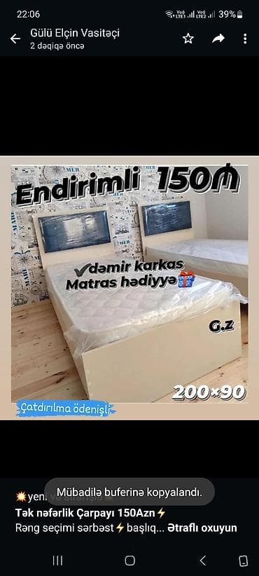 islenmis matras: 💥yeni və sifarişlə💥 *Tək nəfərlik Çarpayı 150Azn*⚡ Rəng seçimi — 1