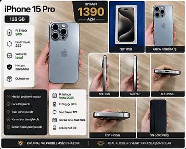 15 pro qiyməti: IPhone 15 Pro, 128 GB, Blue Titanium, Face ID — 1
