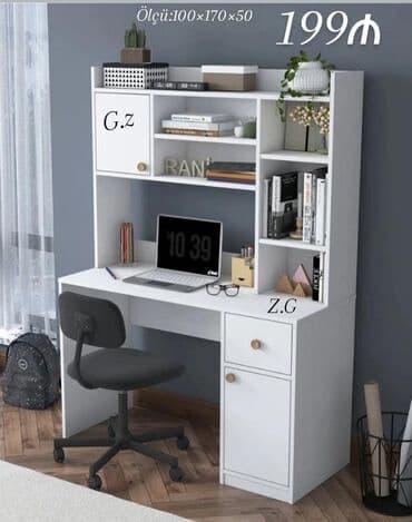 Ağ rəngli iş/gənclər masa dəsti, üst rəfli model. Ölçü: 100 × 170 ×