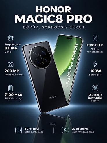 honor magic 3 pro plus: Honor Magic 8 Pro, 512 GB, rəng - Qara, Face ID — 2