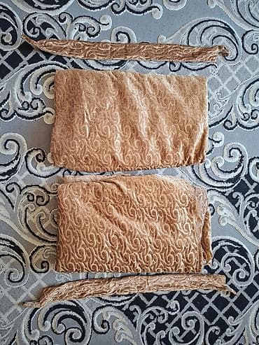 ucuz tül perde: Qızılı-bej rəngdə naxışlı pərdə dəsti - Material: yumşaq, məxməri — 1
