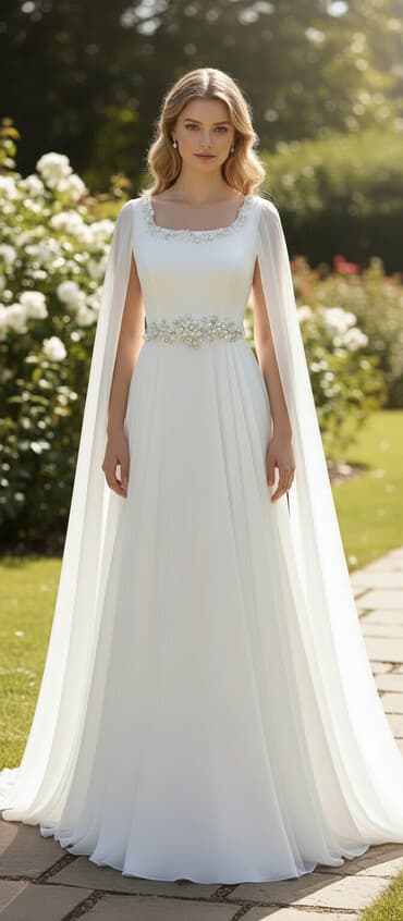 Ağ rəngdə, uzun, axan siluetə malik bu gəlinlik, zərif və klassik bir