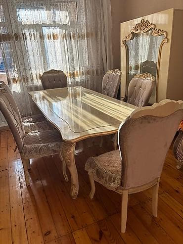 qonaq stol: Qonaq otağı üçün, İşlənmiş, Açılan, Dördbucaq masa, 6 stul — 1