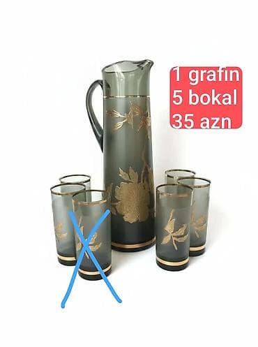 Qara tüstü rəngində şüşə qrafın və bokal dəsti - Dəst: 1 qrafın + 5