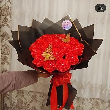 kağız skoç: Kompozisiya: Dekorativ gül buketləri - Satən lentdən hazırlanmış əl — 4