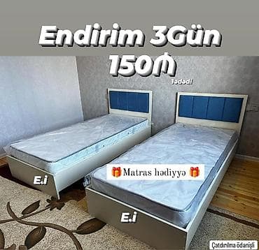 divan 150: - Tək nəfərlik çarpayı - Başlıq hissəsi mavi rəngli yumşaq panel ilə - — 1