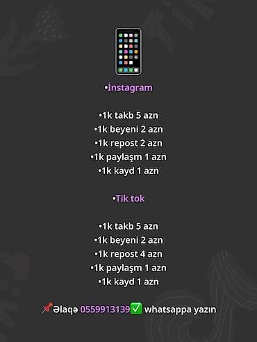 Sosial media xidmətləri Instagram: - 1k izləyici – 5 AZN - 1k bəyəni