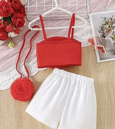 qelem etek donlar: Qız uşaqları üçün 3 hissəli yay dəsti - Üst: Qırmızı rəngli, nazik — 1