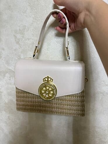 qaşlı çanta: Zərif dizaynlı qadın çantası - Rəng: krem-ağ üst hissə, bej/hasır — 2