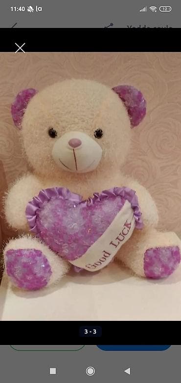 ucuz hediyeler: Bənövşəyi ürəkli oyuncaq ayı - Rəng: krem rəngi tüklü gövdə, qulaq — 3