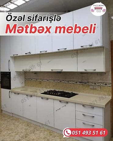 Özəl sifarişlə mətbəx mebeli - Ağırlıqlı olaraq ağ rəngli, müasir düz