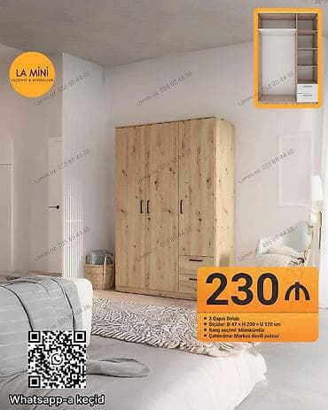 3 qapılı geyim dolabı - Material və dizayn: Təbii ağac teksturalı