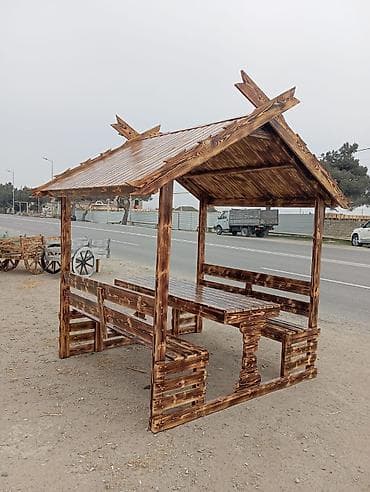 bag evleri dizayn: Dördbucaq masa, 6 stul, Açılmayan, Skameykalar ilə, Taxta — 3