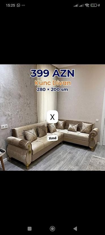 Ev üçün mebel: Künc divan – 280 × 200 sm Qiymət: 399 AZN - L formalı dizayn, geniş — 1