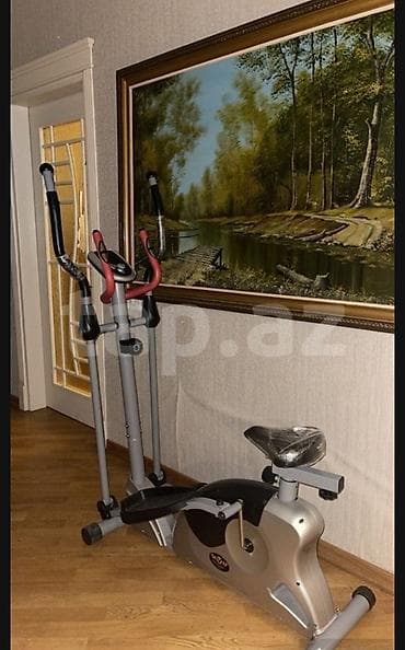 Qara oturacağı olan boz elliptik trenajor. Məşq zamanı hərəkəti təqlid lalafo.az -da Qara oturacağı olan boz elliptik trenajor. Məşq zamanı hərəkəti təqlid