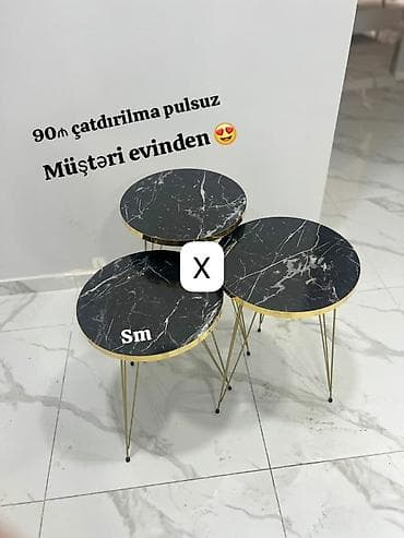 stol ev ucun: - 3-lü sehpalar dəsti - Üst hissə: qara mərmər naxışlı dairəvi səth — 1