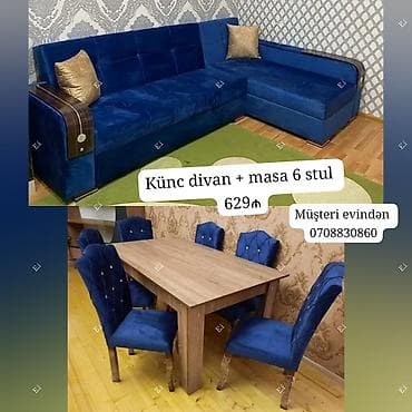 Divan və masa dəstləri: Künc divan + masa və 6 ədəd stul dəsti - Şık, tünd mavi rəngli L — 1