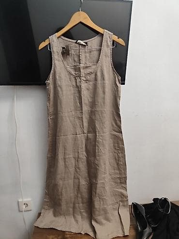 kətan paltar: Bej rəngli kətan qolsuz paltar - Material: təbii kətan parça — 2