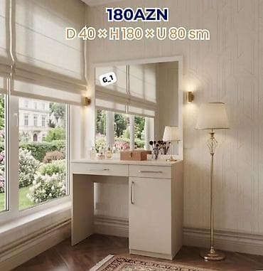 parfum vitrine: Vizaj masa və güzgü dəsti - Ölçülər: Dərinlik 40 sm × Hündürlük 180 — 1