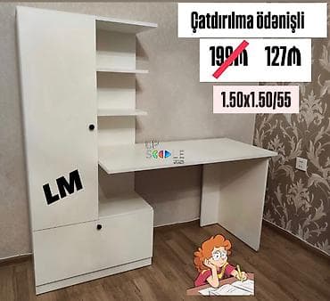 Ağ rəngli funksional iş/oxu masası və dolab dəsti. Ölçülər: 1.50 x