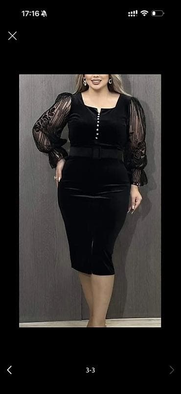 don: Qara məxməri qız paltarı - Model: bədənə oturan, midi uzunluqda - — 3
