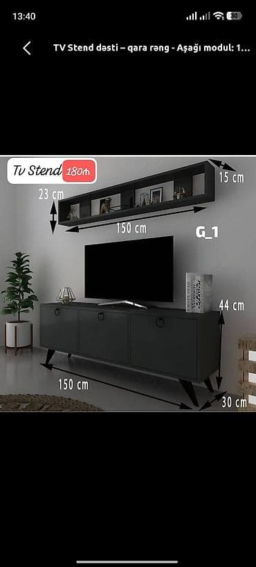 TV stend dəsti – qara rəng Dəst tərkibi: - Aşağı modul: 3 qapılı TV