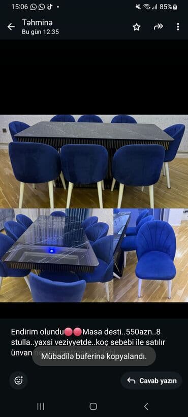 mərmər masa: Qonaq otağı üçün, Açılmayan, Dördbucaq masa, 8 stul — 1