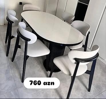kalcuk stullar: 1.oval masa desti - Masa: parlaq ağ səth, qara konturlu modern dizayn; — 1