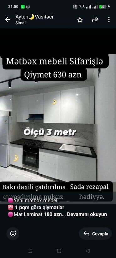 Sifarişlə taburetkalar: 🟣Yeni mətbəx mebeli 🆘 *1 pqm görə qiymətlər* 🟣Mat Laminat *180 azn* — 1