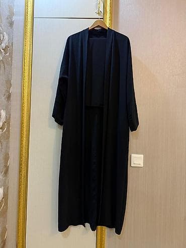 uzun paltar: Qara rəngli uzun kimono/abaya üst geyimi şal ile birlikde - Model — 2