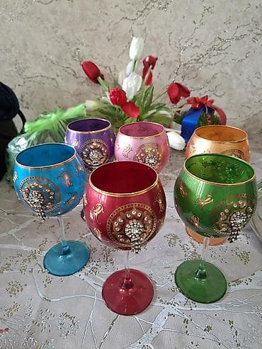 qab qaşiq: Zərif dekorlu şüşə qablar dəsti - Yaşıl-qızılı şampan/fleyta — 5