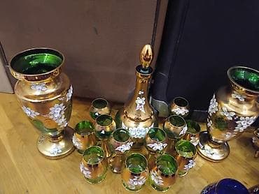 servi: Qızılı-yaşıl bəzəkli şüşə dəst - Material: qalın şüşə, xaricdən — 1