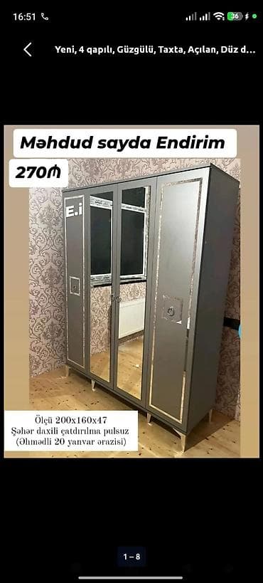 taxt doweyi: Yeni, 4 qapılı, Güzgülü, Boz, Taxta, Açılan, Düz dolab — 1