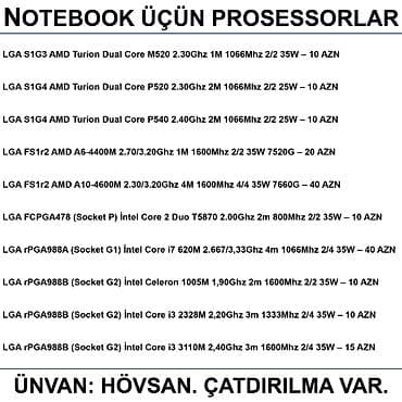 Notebook üçün Prosessorlar 📍Ünvan: Bakı şəh, Suraxanı ray, Hövsan qəs — 2