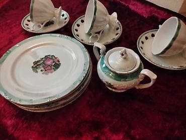 farfor heykelcik: Çay dəsti, rəng - Yaşıl, Farfor, Geisha, 6 nəfərlik, Yaponiya — 8