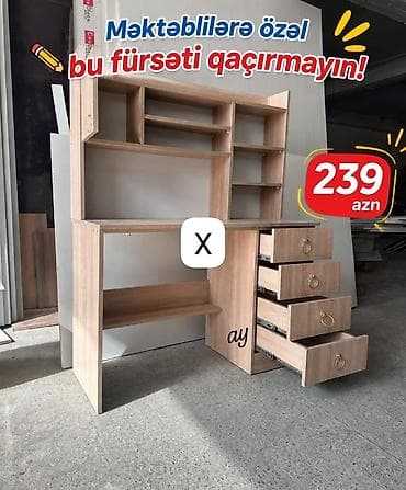 Düz masa, Stulsuz, Polkalı, Siyirməli, Teksturalı laminat — 1