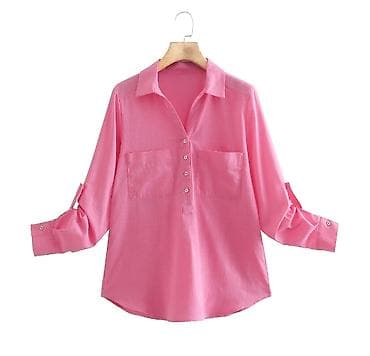 Qadın köynəyi – çəhrayı rəng - Model: yarım düyməli (placket) dizayn